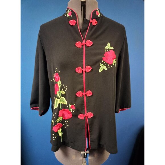 Vintage Black Mandarin Collar Jacket With Red Floral Embroidery & Frog Buttons W - Picture 1 of 6